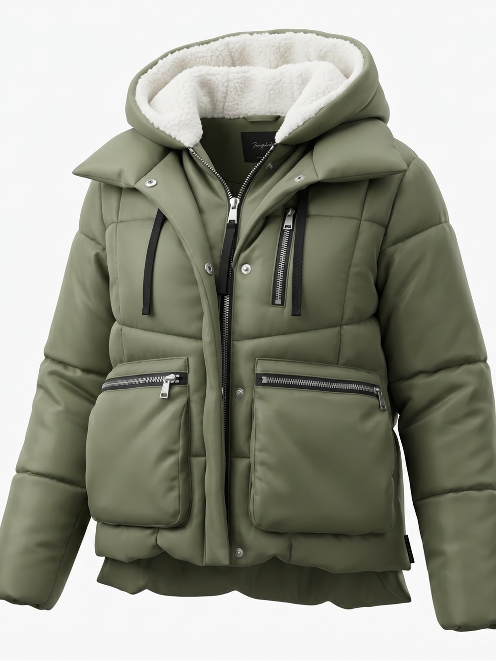 7 For All Mankind Olive Green Puffer Jacket with Sherpa Hood | Small